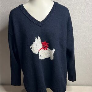 J. Jill Petite L Navy Blue Scottie Dog Sweater V-Neck Knit Pullover Cute Preppy